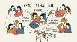 Um infográfico ilustrado de estilo retrô e minimalista, sobre um fundo de papel texturizado bege, com o título central "ANARQUIA RELACIONAL" em letras pretas e maiúsculas. O infográfico usa uma paleta de cores terrosas e mudas (laranja queimado, azul-petróleo, ocre) e linhas finas pretas para interconectar pessoas e conceitos.