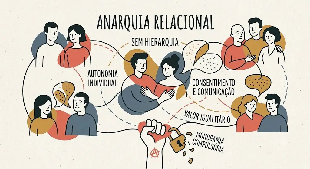 Um infográfico ilustrado de estilo retrô e minimalista, sobre um fundo de papel texturizado bege, com o título central "ANARQUIA RELACIONAL" em letras pretas e maiúsculas. O infográfico usa uma paleta de cores terrosas e mudas (laranja queimado, azul-petróleo, ocre) e linhas finas pretas para interconectar pessoas e conceitos.