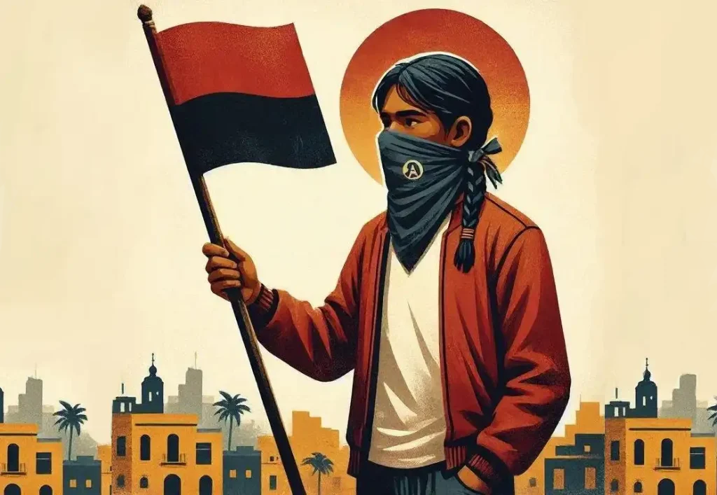 Ilustração no estilo de pôster de propaganda mostra uma pessoa com traços indígenas e tranças longas, vestindo uma jaqueta laranja-avermelhada e uma bandana azul escura cobrindo o rosto, na qual se lê o símbolo 'A' (de anarquismo) com detalhes indígenas. A figura segura um mastro com uma bandeira dividida diagonalmente em vermelho (em cima) e preto (embaixo). Atrás de sua cabeça, há um disco solar laranja-amarelado que parece um halo. Ao fundo, vê-se a silhueta de uma paisagem urbana com prédios de estilo arquitetônico latino-americano e palmeiras sob um céu pálido.