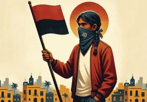 Ilustração no estilo de pôster de propaganda mostra uma pessoa com traços indígenas e tranças longas, vestindo uma jaqueta laranja-avermelhada e uma bandana azul escura cobrindo o rosto, na qual se lê o símbolo 'A' (de anarquismo) com detalhes indígenas. A figura segura um mastro com uma bandeira dividida diagonalmente em vermelho (em cima) e preto (embaixo). Atrás de sua cabeça, há um disco solar laranja-amarelado que parece um halo. Ao fundo, vê-se a silhueta de uma paisagem urbana com prédios de estilo arquitetônico latino-americano e palmeiras sob um céu pálido.